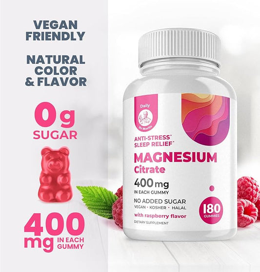 Dr. Moritz Magnesium Gummies for Adults - Low-Sugar Magnesium Gummies 400 mg - Easy to Chew Adult and Kids Magnesium Gummies (180 Count) - Raspberry Flavored Magnesium Citrate Gummies