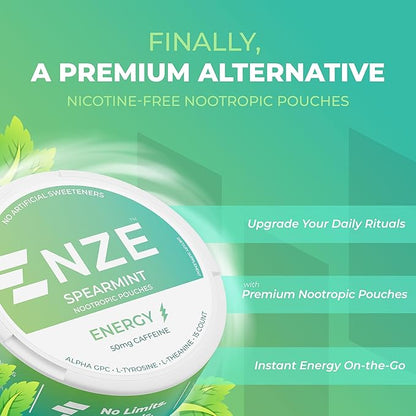 NZE Caffeine Nootropic Pouches (Spearmint) - Nootropic Energy Pouches with 50mg Caffeine, Alpha GPC, L-Tyrosine & L-Theanine with No Sugar or Artificial Sweeteners - 15 Nicotine Free Pouches Per Can