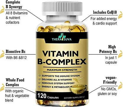 Vitamin B-Complex + CoQ10 + Vitamin C - Max Strength Supplement for Energy, Metabolism Support, 120 Softgels, 60 Day Supply
