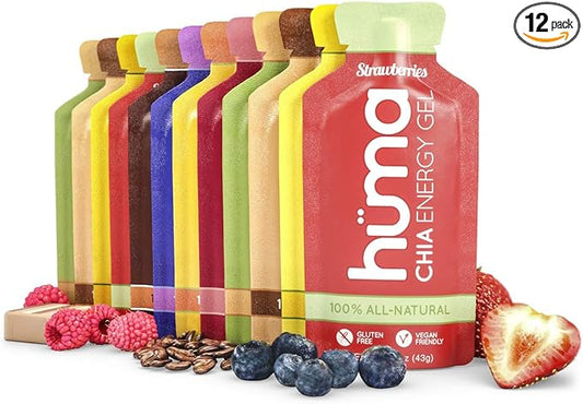 Huma Chia Energy Gel, Variety 12 Pack - Stomach Friendly, Real Food Energy Gels for Endurance Exercise