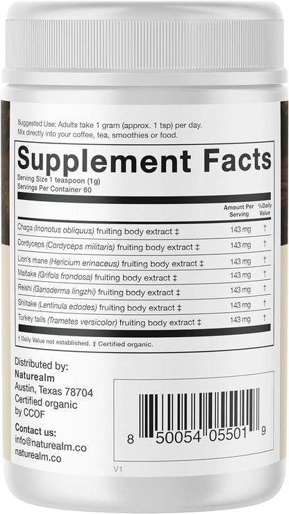Naturealm Sacred 7 Mushroom Powder Supplement – Boost Immunity, Focus, Vegan, Non-GMO – Lion’s Mane, Cordyceps, Reishi, Chaga, Maitake, Shiitake – Organic Fruiting Bodies, 60-Day Supply