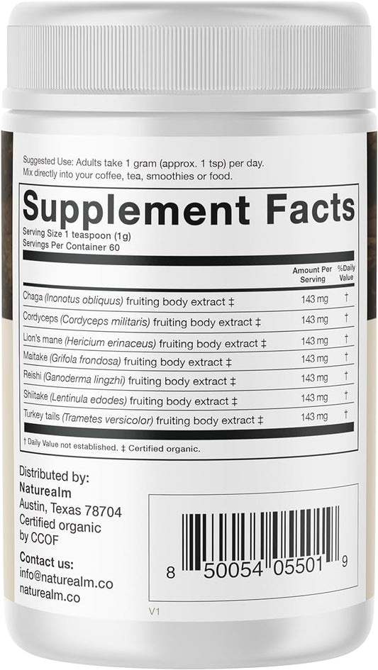 Naturealm Sacred 7 Mushroom Powder Supplement – Boost Immunity, Focus, Vegan, Non-GMO – Lion’s Mane, Cordyceps, Reishi, Chaga, Maitake, Shiitake – Organic Fruiting Bodies, 60-Day Supply