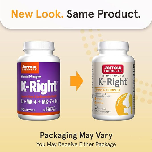 Jarrow Formulas K-Right - Vitamin K-Complex (K1, MK-4, MK-7, D3) - 60 Servings (Softgels) - Dietary Supplement for Bone & Cardiovascular Health Support - Vitamin K2 MK-7 - Gluten Free