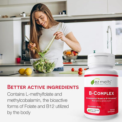EZ Melts Dissolvable Vitamin B-Complex Tablet with Methyl B12 & Methyl Folate, Sugar-Free, 2-Month Supply