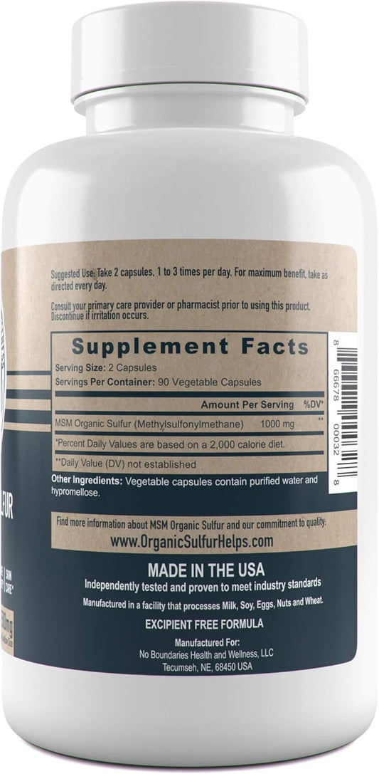 500mg MSM Organic Sulfur Capsules by 180 Vegetable 99.9% Pure