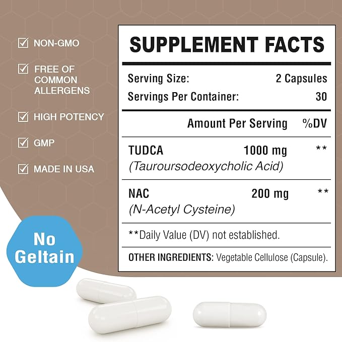 TUDCA with NAC Supplement 1200mg 60 Capsules,Powerful