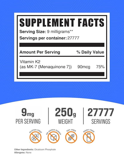 BulkSupplements.com Vitamin K2 Powder - Vitamin K2 MK-7, as Menaquinone Powder - K2 Vitamin Supplement for Wellness, Gluten Free, 9mg per Serving, 250g (8.8 oz) (Pack of 1)