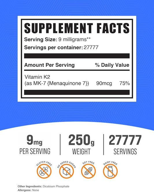 BulkSupplements.com Vitamin K2 Powder - Vitamin K2 MK-7, as Menaquinone Powder - K2 Vitamin Supplement for Wellness, Gluten Free, 9mg per Serving, 250g (8.8 oz) (Pack of 1)