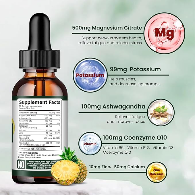 Potassium Magnesium Citrate Supplement, Liquid Magnesium 500mg with D3, B6, B6, B12, B12, CoQ10 CoQ10 - 2 fl