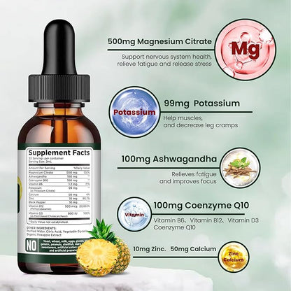 Potassium Magnesium Citrate Supplement, Liquid Magnesium 500mg with D3, B6, B6, B12, B12, CoQ10 CoQ10 - 2 fl