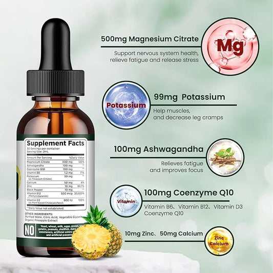 Potassium Magnesium Citrate Supplement, Liquid Magnesium 500mg with D3, B6, B6, B12, B12, CoQ10 CoQ10 - 2 fl