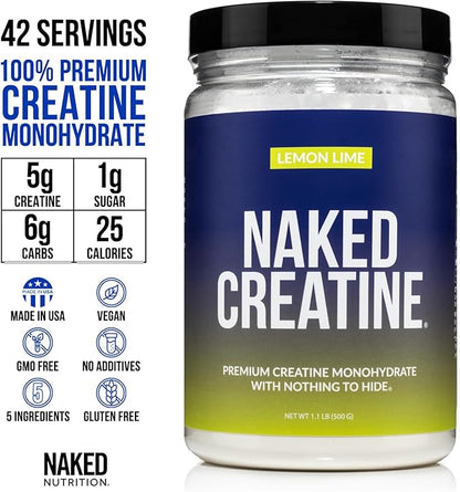 Naked Pure Micronized Lemon Lime Creatine Monohydrate - 42 Servings - 500 Grams, 1.1Lb Bulk, Vegan, Non-GMO, Gluten Free, Soy Free. Aid Strength Gains, No Artificial Ingredients Creatine