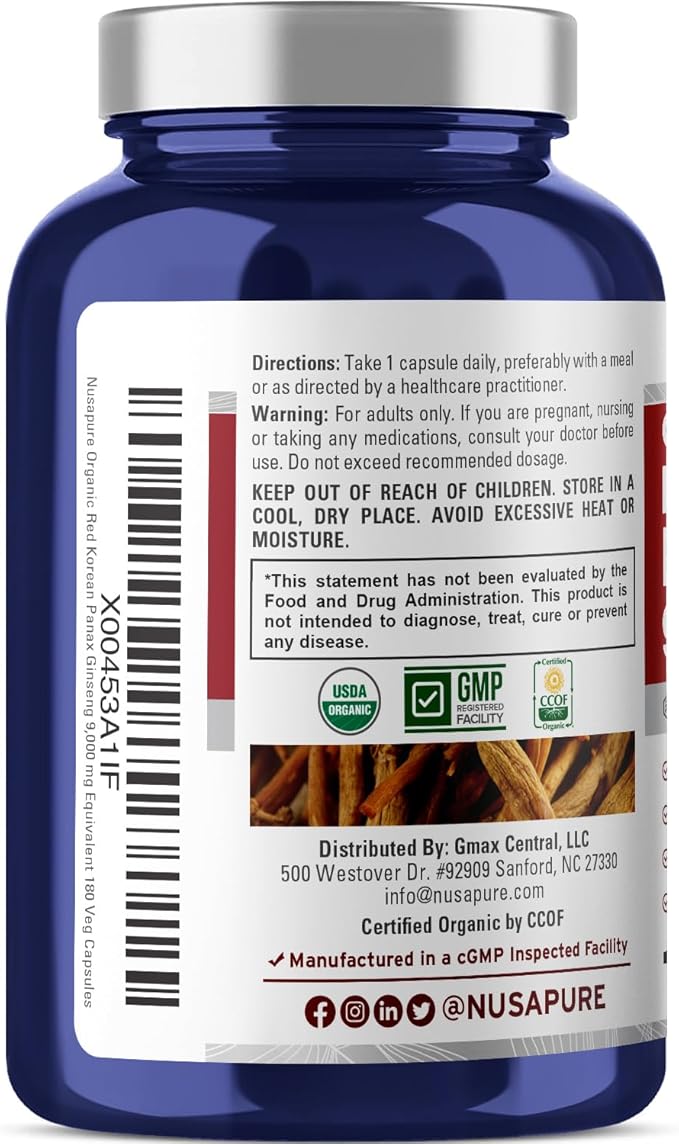 NusaPure Red Korean Panax Ginseng 9,000mg 180 Veggie 20:1)