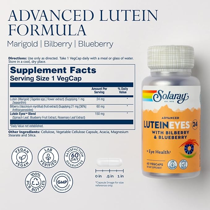 SOLARAY Advanced Lutein Eyes 24 mg 60-Day Guarantee, 60 Servings, 60 VegCaps