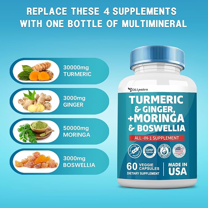 Turmeric Curcumin 30000mg Moringa 50000mg Ginger 3000mg Boswellia 3000mg Saffron 2000mg All-in-One 60 Capsules