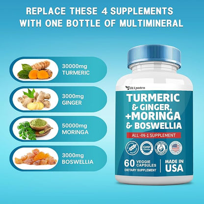 Turmeric Curcumin 30000mg Moringa 50000mg Ginger 3000mg Boswellia 3000mg Saffron 2000mg All-in-One 60 Capsules