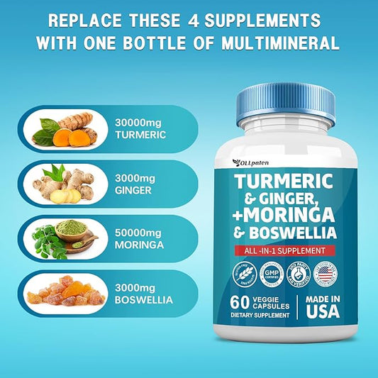 Turmeric Curcumin 30000mg Moringa 50000mg Ginger 3000mg Boswellia 3000mg Saffron 2000mg All-in-One 60 Capsules