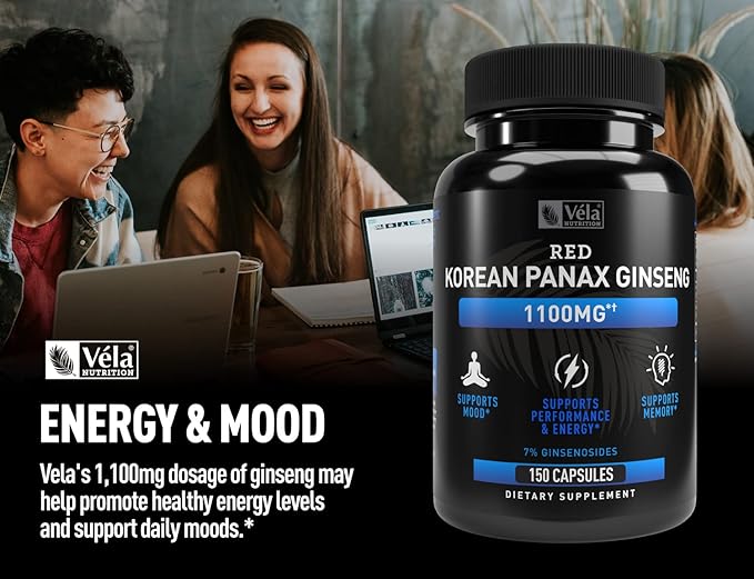 Vela Red Korean Panax Ginseng Supplement 1,100mg per 3rd Party 150 Capsules