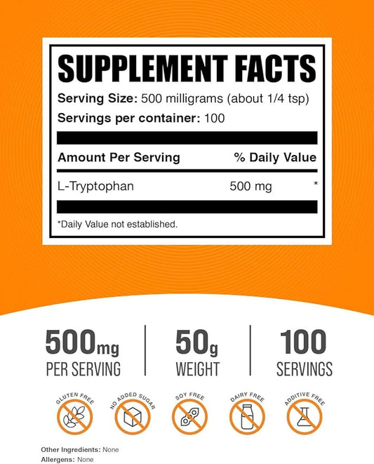 BulkSupplements.com L-Tryptophan Powder - L-Tryptophan 500mg, Tryptophan Supplement - Amino Acid Supplement, Gluten Free, 500mg per Serving, 50g (1.8 oz) (Pack of 1)