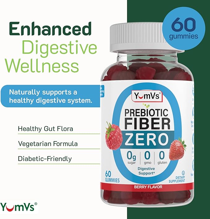 Prebiotic Fiber Zero Gummies by YumVs | Keto Friendly Sugar Free Supplement for Women & Men | 4 g Fiber for Digestive Support | Natural Berry Flavor Chewables-60 Count