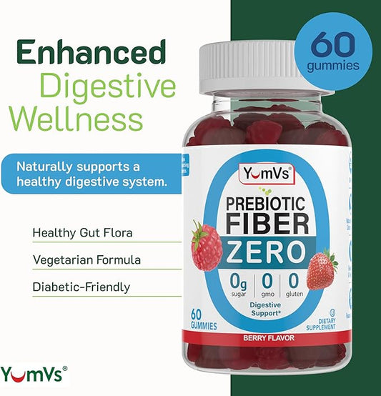 Prebiotic Fiber Zero Gummies by YumVs | Keto Friendly Sugar Free Supplement for Women & Men | 4 g Fiber for Digestive Support | Natural Berry Flavor Chewables-60 Count