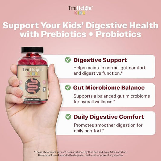 TruHeight Kids Prebiotic & Probiotic Gummies Ages 2+ (Strawberry Flavor) Toddlers & Kids All Natural Supplement for Digestive Health - Endorsed by Pediatricians - Gut & Immune Support, Vegan Vitamins