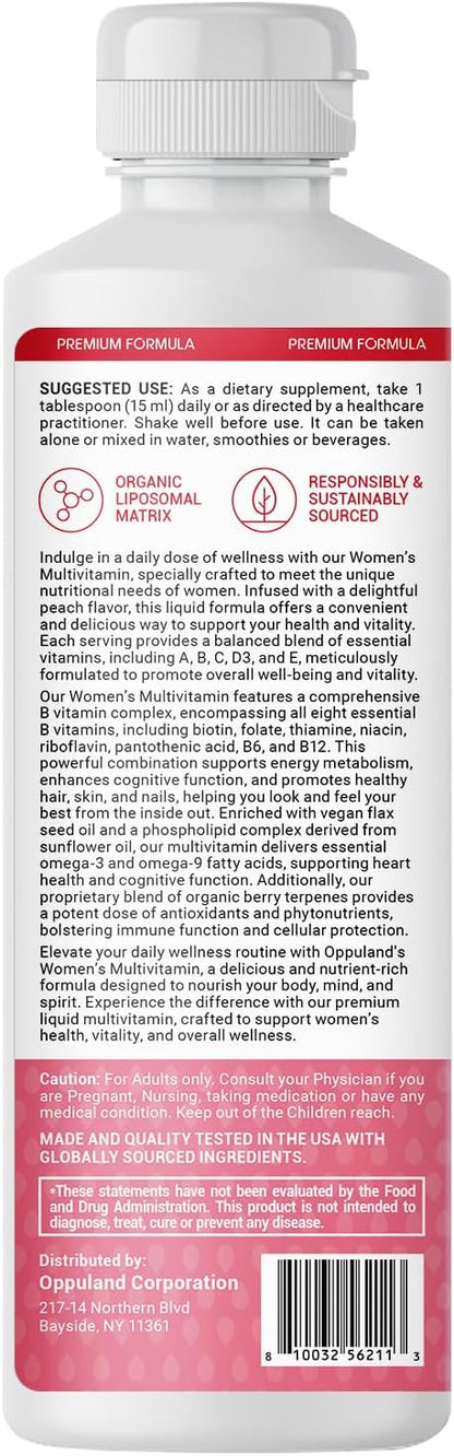 Women’s Multivitamin 450ML of Natural Peach Flavored Supplement Increasing Heart, Memory, and Nervous System, with Omega 3, Liposomal, and 5000MCG of Biotin for Healthy Hair