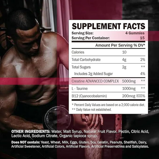 Creatine Monohydrate Gummies - 5g Creatine Monohydrate for Women & Men, L-Taurine, B12, Creatine Chews for Muscle Growth, Increase Strength and Build Muscle, Mixed Berry Flavor 120 Count