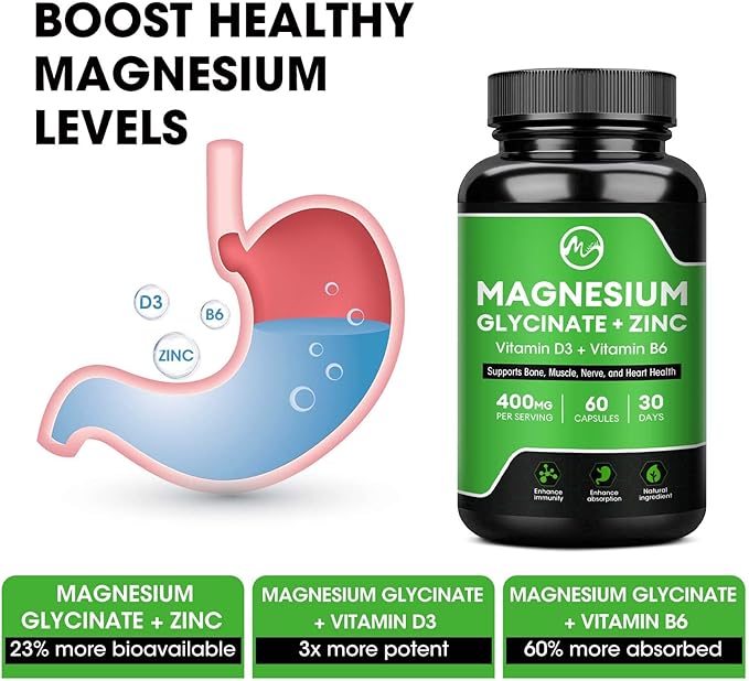 (2 Pack) Magnesium Glycinate Capsules, Magnesium 400mg with D3 & B6 - 120 Vegan