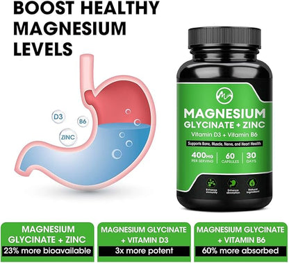 (2 Pack) Magnesium Glycinate Capsules, Magnesium 400mg with D3 & B6 - 120 Vegan