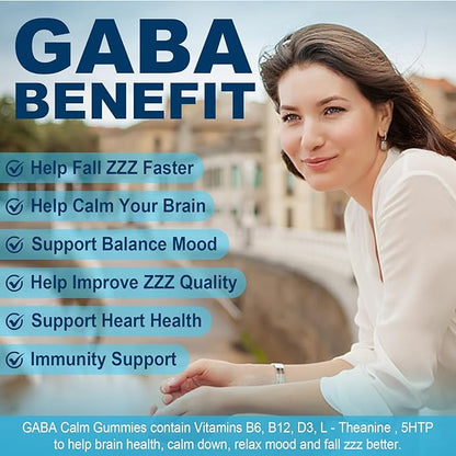 GABA Gummies 500 mg - Sugar-Free Calm Gummies with L Theanine, 5-HTP, Vitamins D3, B12, Ashwagandha, Melatonin-Free for Brain Calm, Mood, Zzz Better, GABA Supplement for Adult, Blueberry Flavor, Vegan