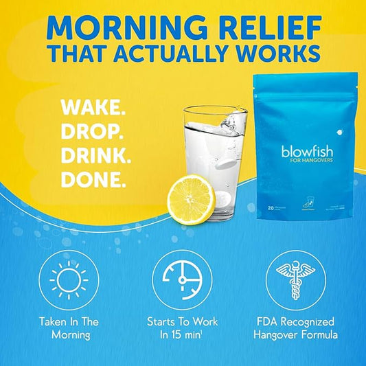 Blowfish for Hangovers - Fast Hangover Relief | FDA-Recognized Formulation - Guaranteed to Relieve Hangover Symptoms in 15 Minutes | Perfect for Weddings and Vacation Essentials | 20 Tablets