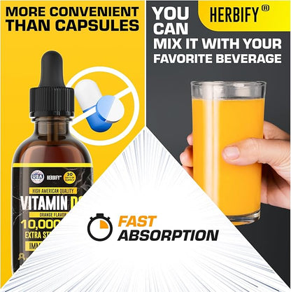 HERBIFY Vitamin D3 10000 IU - Made in USA Liquid Vitamin D Drops - Bone Strength and Immune Support Supplement - Sunshine Replacement - D3 Vitamin Bone and Teeth Supplement - 2 Oz