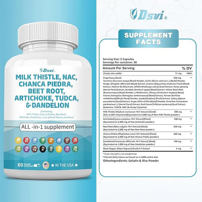 Milk Thistle 3000mg NAC Chanca Piedra 2000mg Beet 2000mg Artichoke 2000mg Dandelion 1000mg Liver Women,60 Count