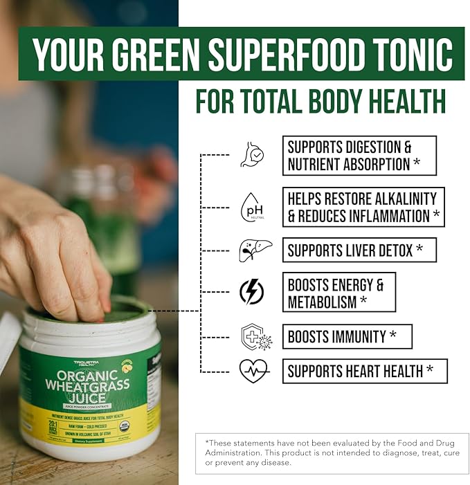 Organic Wheatgrass Juice Powder - Organically Grown in Volcanic Soil of Utah - Raw & BioActive Form, Cold-Pressed Then CO2 Dried, 20:1 Super Concentrate - Lemon (6.2 oz - 60 Servings)