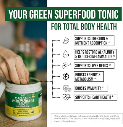 Organic Wheatgrass Juice Powder - Organically Grown in Volcanic Soil of Utah - Raw & BioActive Form, Cold-Pressed Then CO2 Dried, 20:1 Super Concentrate - Lemon (6.2 oz - 60 Servings)