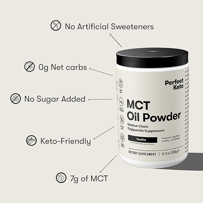 Perfect Keto 7g MCT Oil Powder, Medium Chain Triglycerides Supplement, Non Dairy Coffee Creamer for Keto Diet, Ketogenic MCT Oil Mix for Coffee, Smoothie, Protein Shakes and Tea, Vanilla, 30 Servings