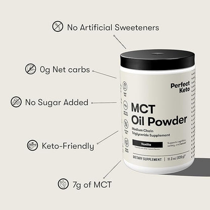 Perfect Keto 7g MCT Oil Powder, Medium Chain Triglycerides Supplement, Non Dairy Coffee Creamer for Keto Diet, Ketogenic MCT Oil Mix for Coffee, Smoothie, Protein Shakes and Tea, Vanilla, 30 Servings
