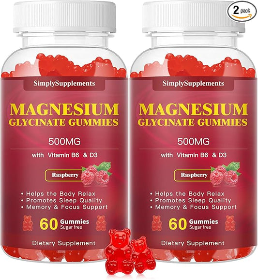 Magnesium Glycinate Gummies 500mg, Chewable Magnesium D3, B6, B6, CoQ10 CoQ10 for 60 Raspberry Gummies（2 Pack)