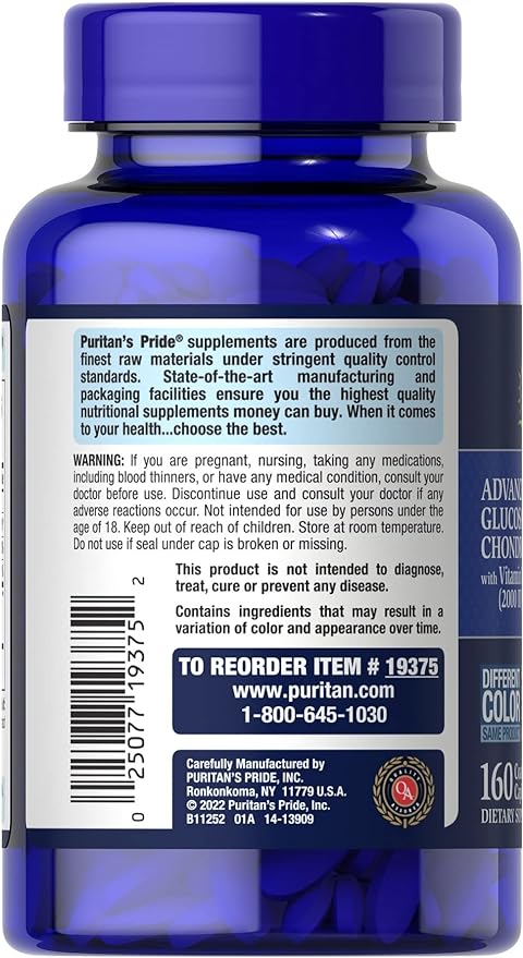 Puritan's Pride Triple Strength Glucosamine Chondroitin D3 Caplets, 160 Count