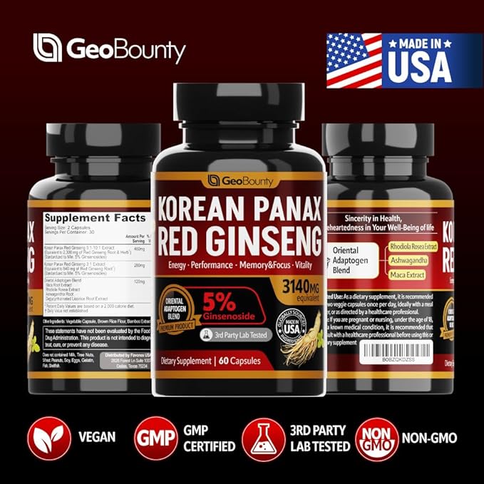 Korean Panax Red Ginseng, Red Ginseng 3140mg (Ginsenoside 5%) Korean 60 Capsules