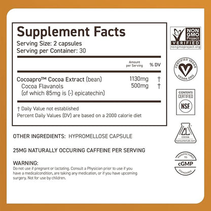 CocoaVia Cardio Health Supplement, 30 Day, 500mg Cocoa Flavanols, Support Heart Health, Boost Nitric Oxide, Blood Circulation, Energy, Vegan, Dark Chocolate, 60 Capsules
