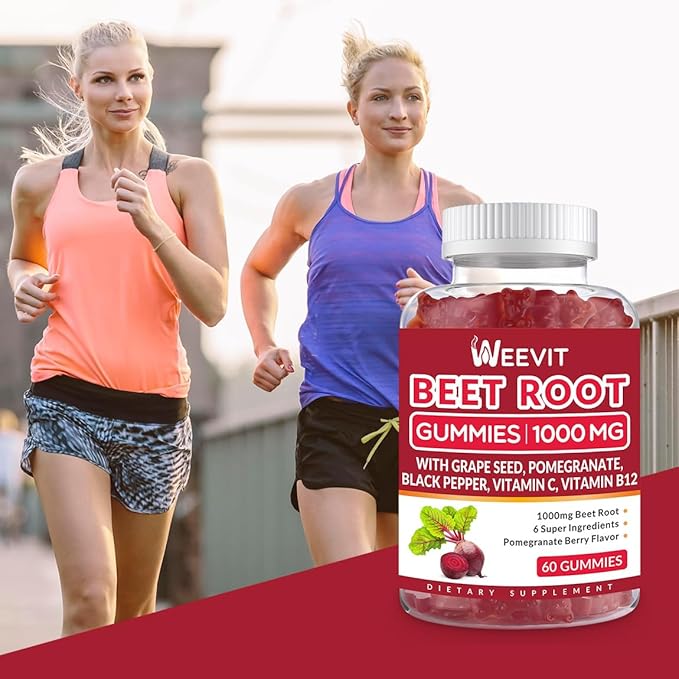Beet Gummies 1000mg with Grape Seed, Pomegranate, Black Pepper, Vitamin C, B12 | Nitric Oxide Booster for Men Women, Organic Beet Root Gummies