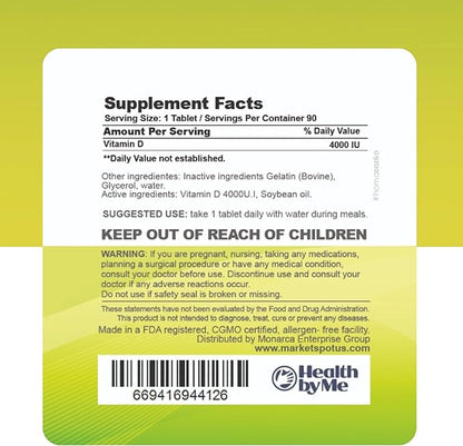 Vitamin D3 4000 IU Softgels | 90 Counts | High Potency Vitamin D Supplement for Immune Support, Bone Strength, Muscle Function & Positive Mood Balance