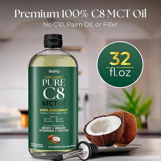 Keppi Keto Organic MCT Oil - Flavorless C8, Non-GMO, Certified Gluten-Free, Palm Oil Free, Vegan, Kosher, Halal, 32 oz Coconut Oil