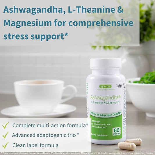 Advanced Ashwagandha KSM-66, L-Theanine & Magnesium, Ashwagandha For Men and Women, Multi Action Adaptogen Complex for Stress Support with Zinc & B Vitamins, Clean Label, 60 Vegan Capsules, by Igennus