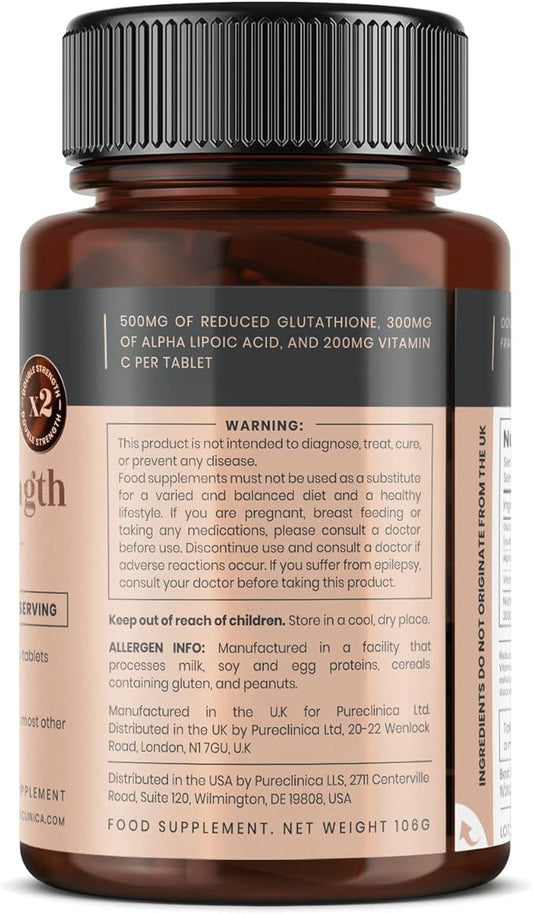pureclinica Glutathione 1000mg x 60 Tablets. 500mg Glutathione, 300mg ALA, 200mg Vitamin