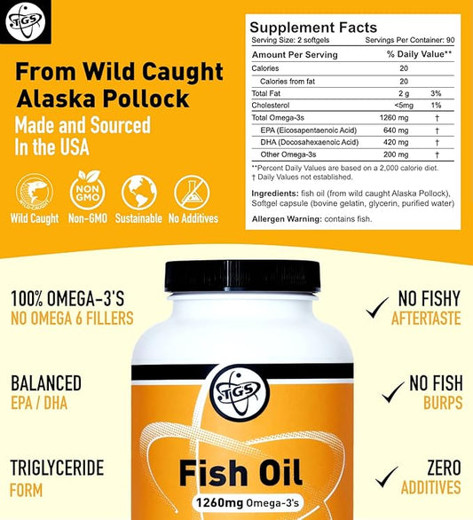TGS Triple Strength Omega 3 Fish 1260mg EPA 3 Fatty 180 Capsules, 90 Servings