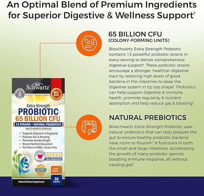 Probiotic 65 Billion - Probiotics with Prebiotic for Women & Men - Lactobacillus Acidophilus Digestive Health Capsules - Targeted Release Technology - Shelf Stable Supplement Non-GMO Dairy Free-30ct