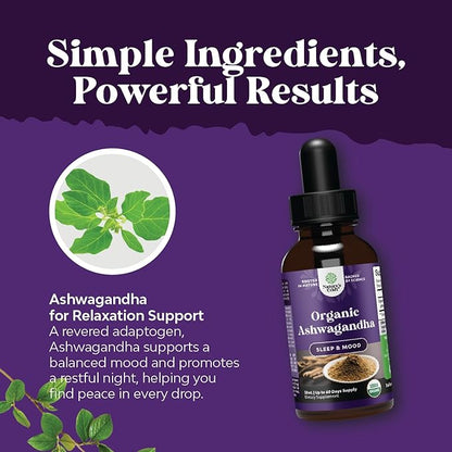 USDA Organic Ashwagandha Liquid Drops - Vegan Liquid Ashwagandha Root Extract for Energy Stress and Mood Support - Delicious Adaptogenic Pure Ashwagandha Tincture for Adults - Non-GMO & Alcohol Free